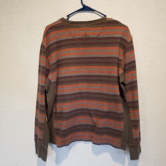 Prana Logo Breathe Cotton Hiking Outdoorsy Pullover Crewneck Brown Striped Med - Picture 6 of 9
